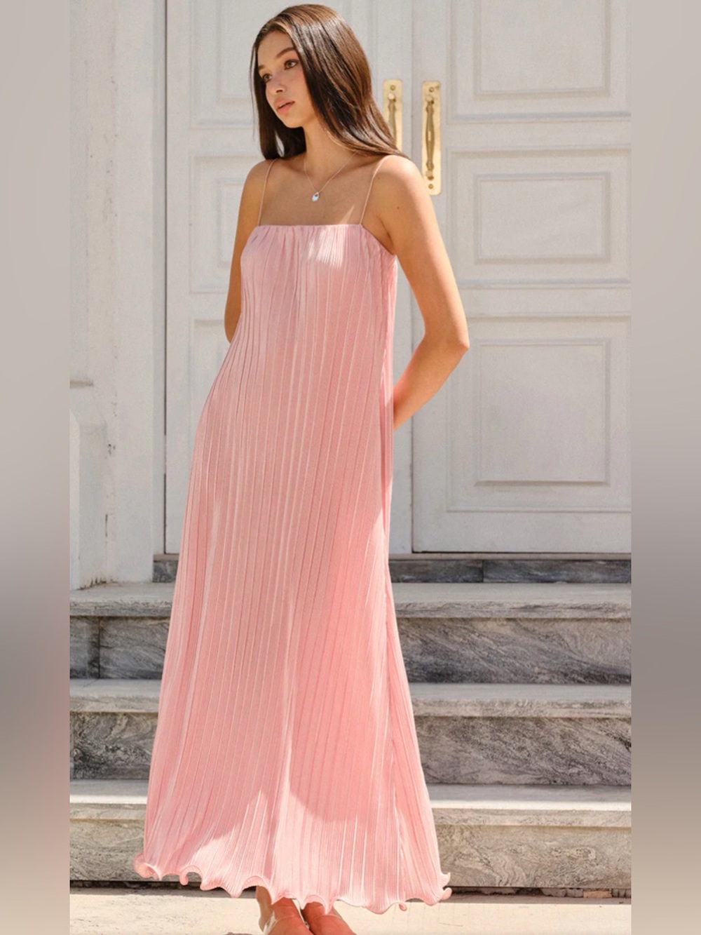 Commense Pleated Maxi Slip Dress in Pale Pink